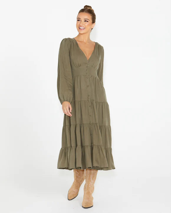 khaki tiered midi dress Charity Tiered Midi Dress - Khaki