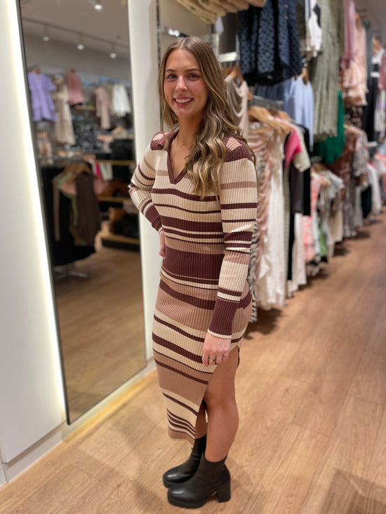 Collared Stripe Knit Midi Dress - Brown Multi