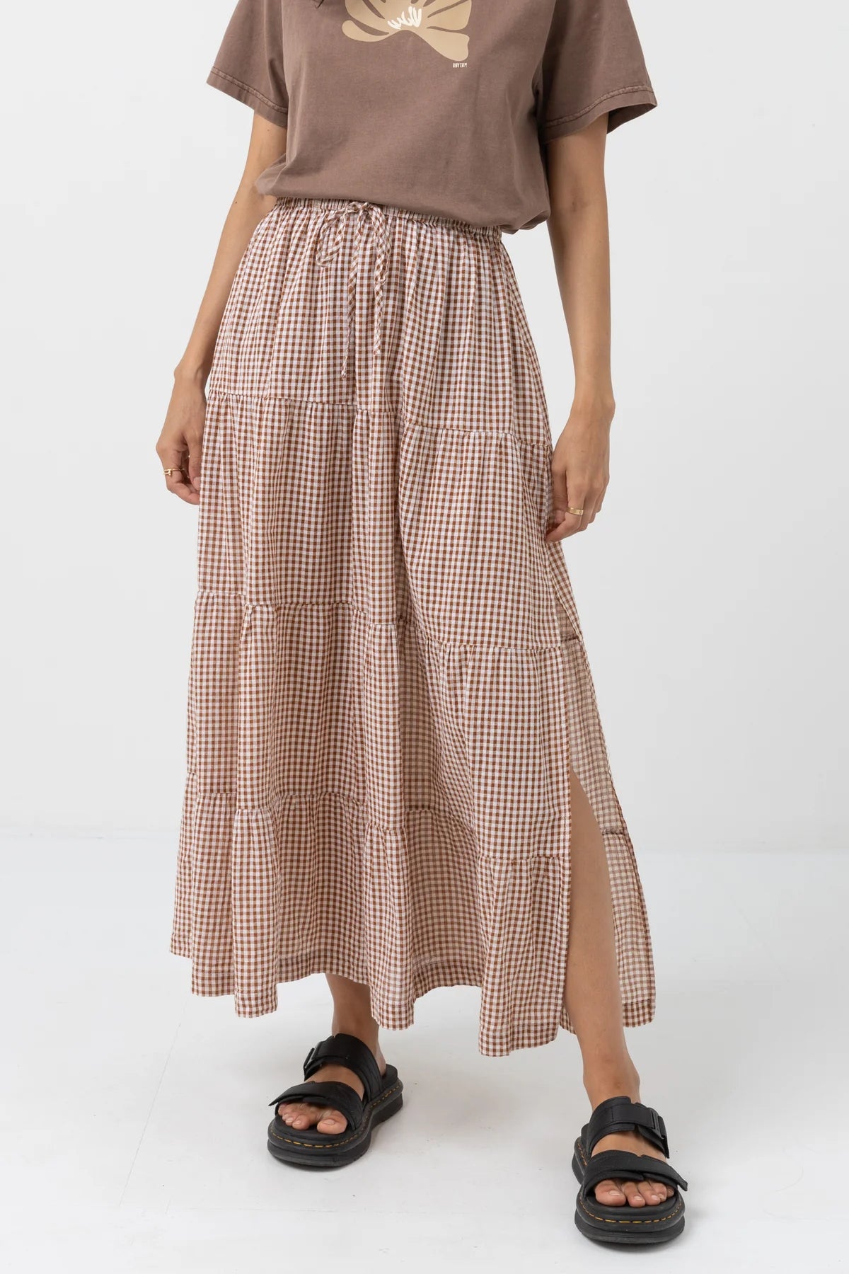 Rhythm Lola Check Tiered Maxi Skirt - Clay