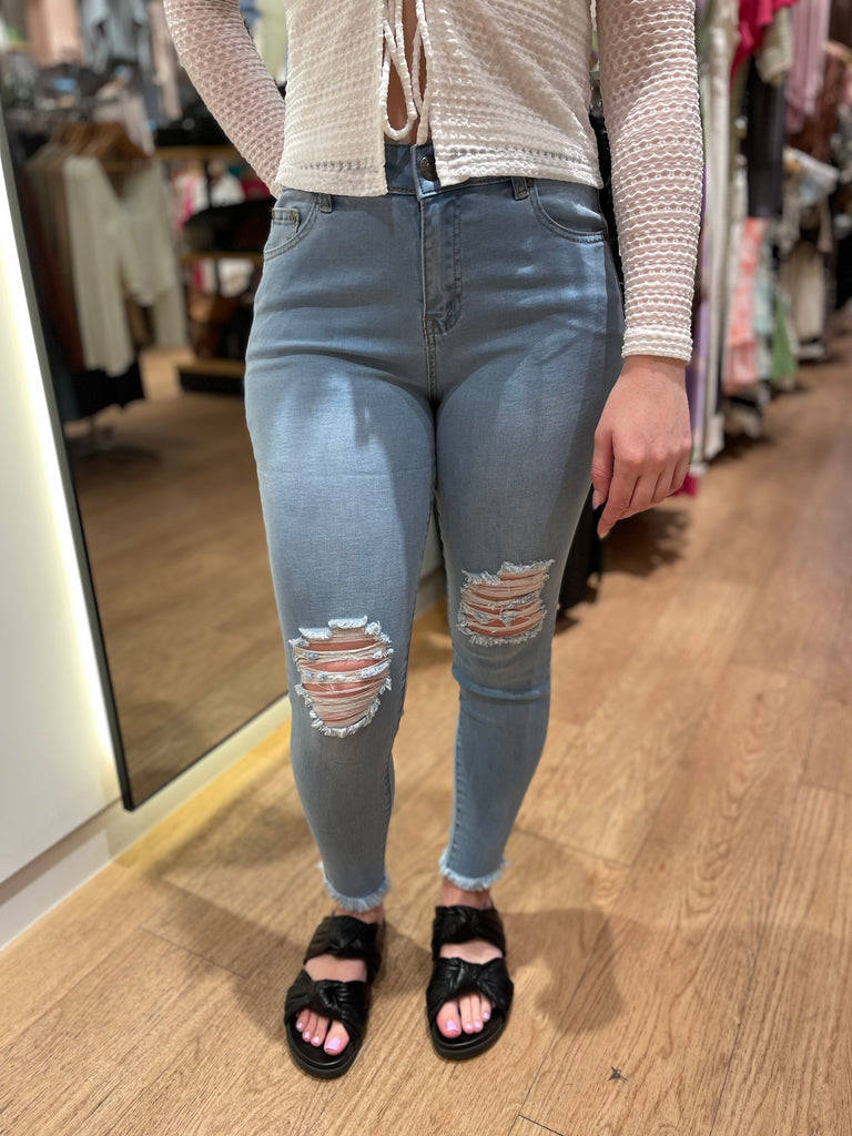 Satin Jeans - Ripped Blue Knees & Ankles