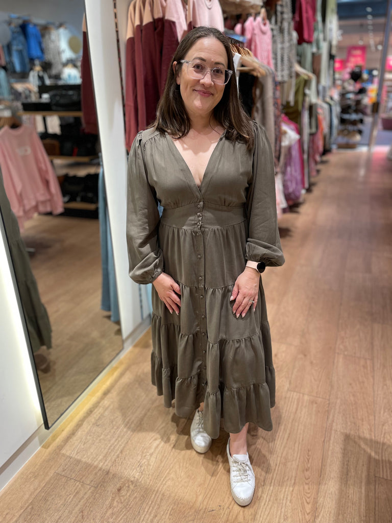 khaki tiered midi dress khaki tiered midi dress Khaki Stripe Cutout Tiered Midi Dress NW Wildflower Boutique