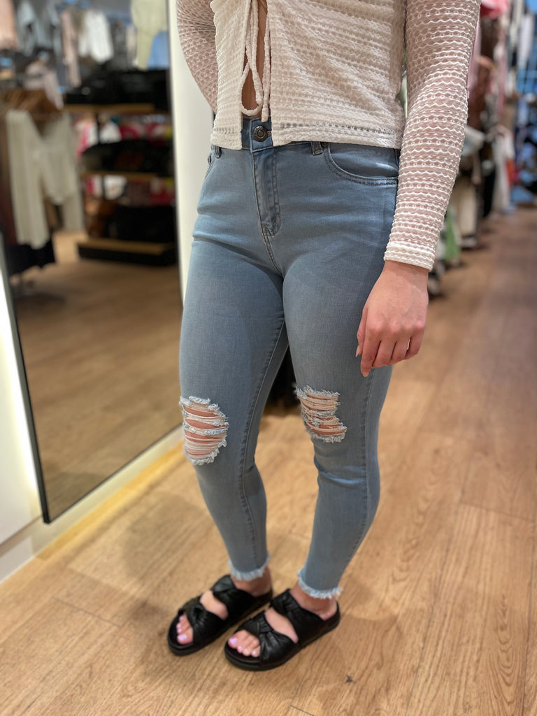 Satin Jeans - Ripped Blue Knees & Ankles