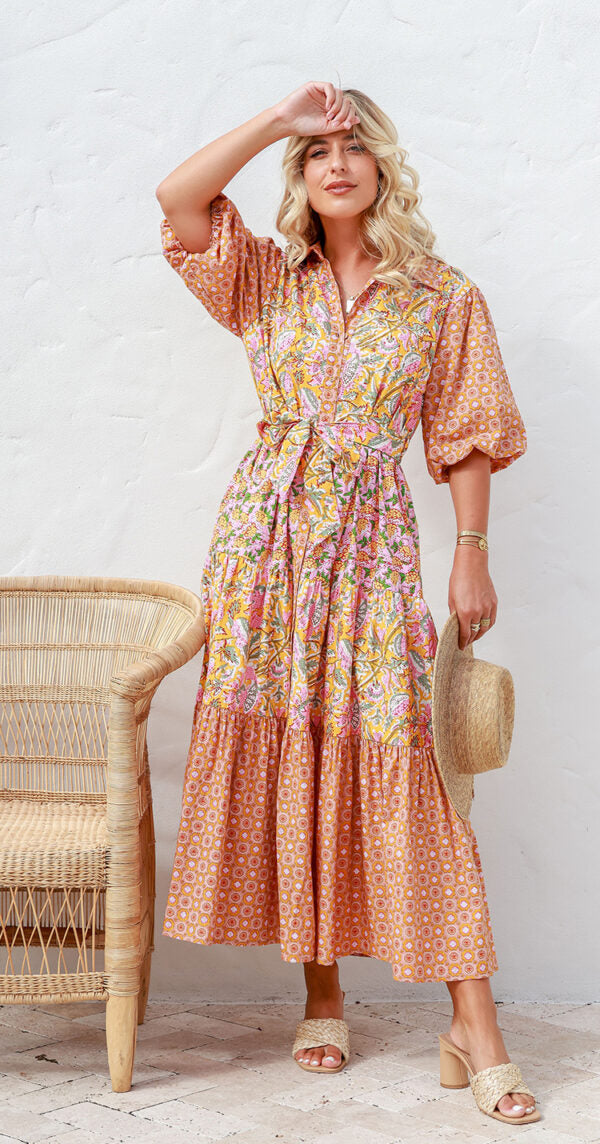 Load image into Gallery viewer, Joop And Gypsy Sheren Collared Maxi Dress - Rust Floral Print
