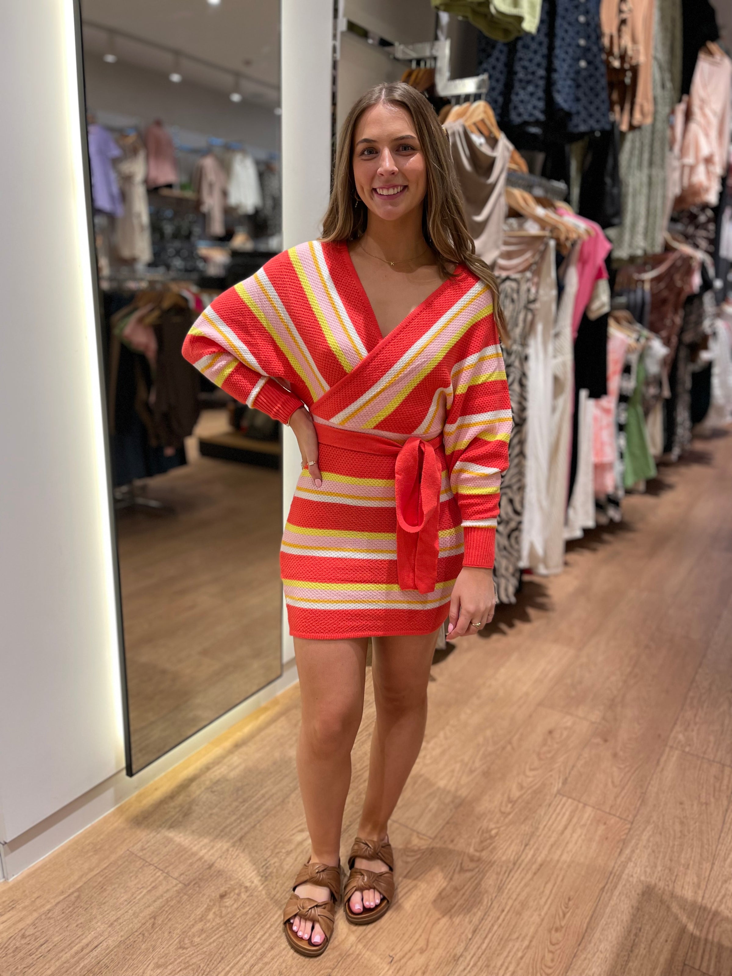 multi coloured knit dress Distressed Fringe Trim Long Sleeve Sweater V-Neck, Kelsea Marled Maxi Dress in Multi Color, Size XL,