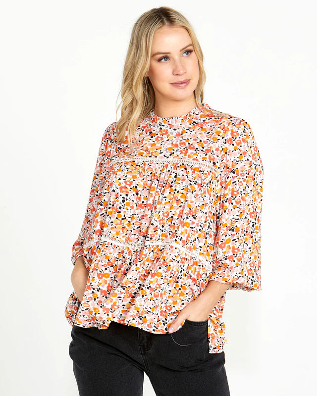 Jemma High Neck Top - White Ditsy
