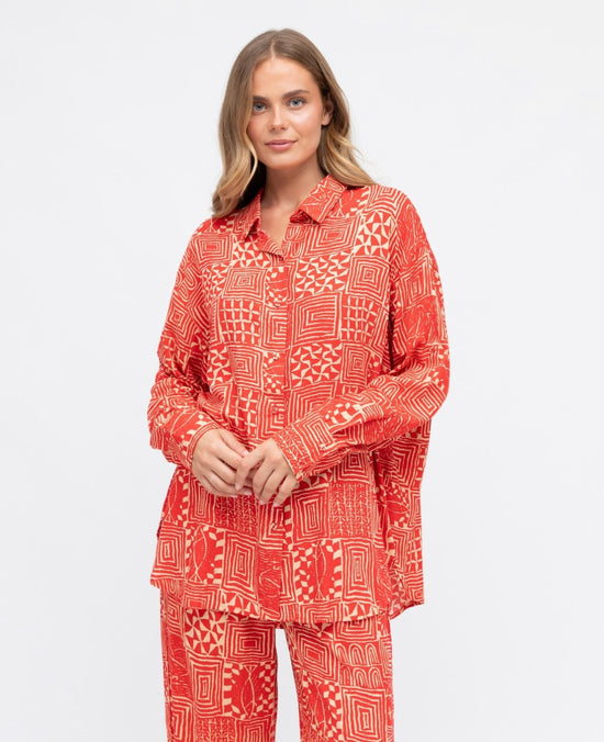 Morrie Button Oversized Shirt - Red Print
