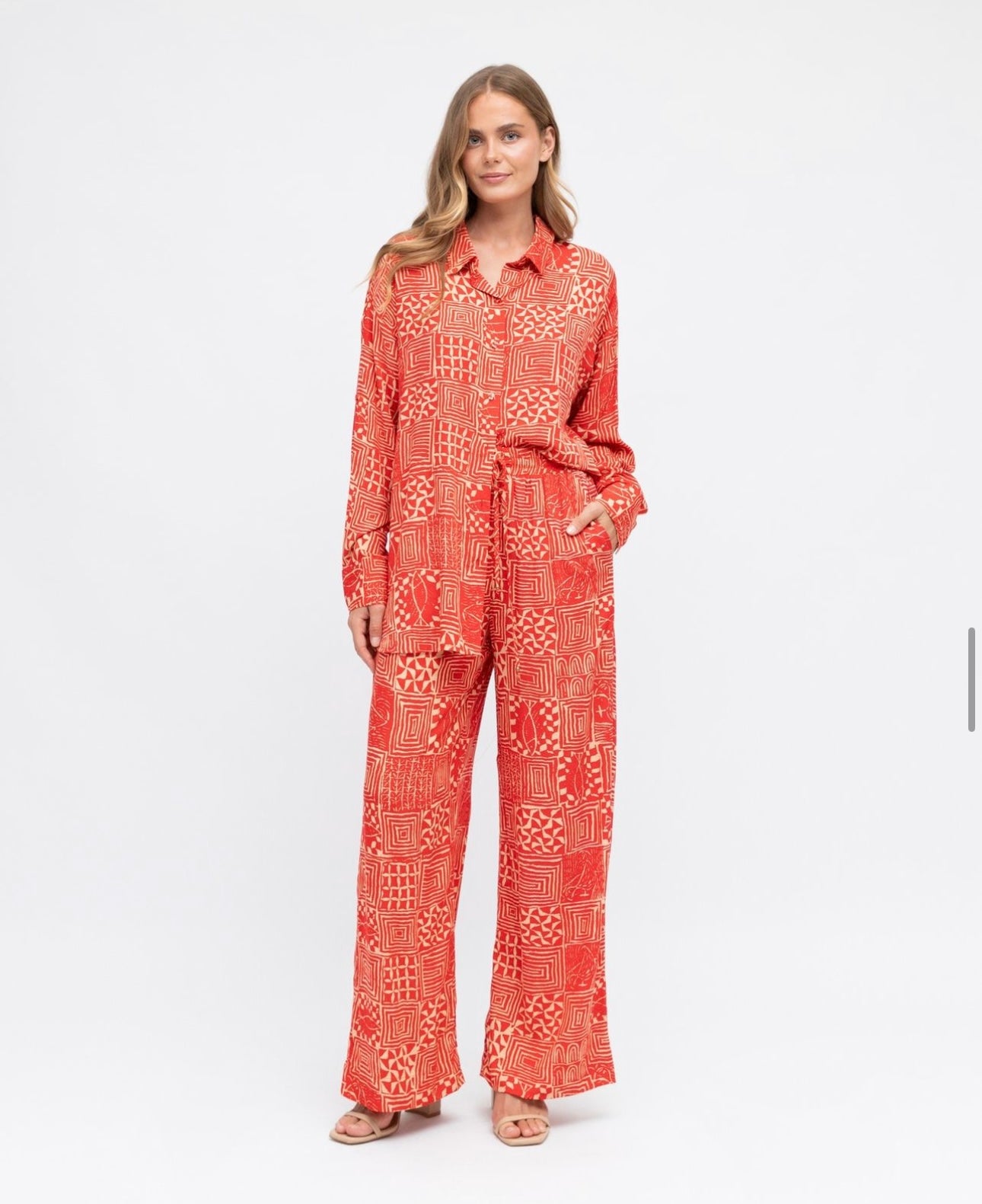 Morrie Button Oversized Shirt - Red Print