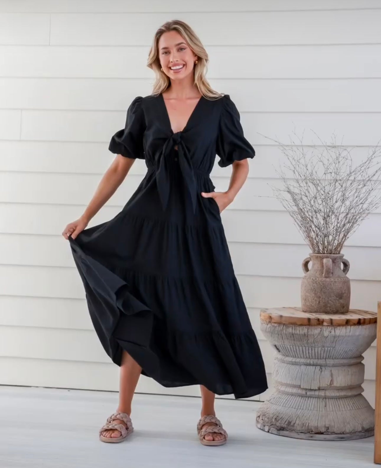 Belo Tie Front Maxi Dress - Black