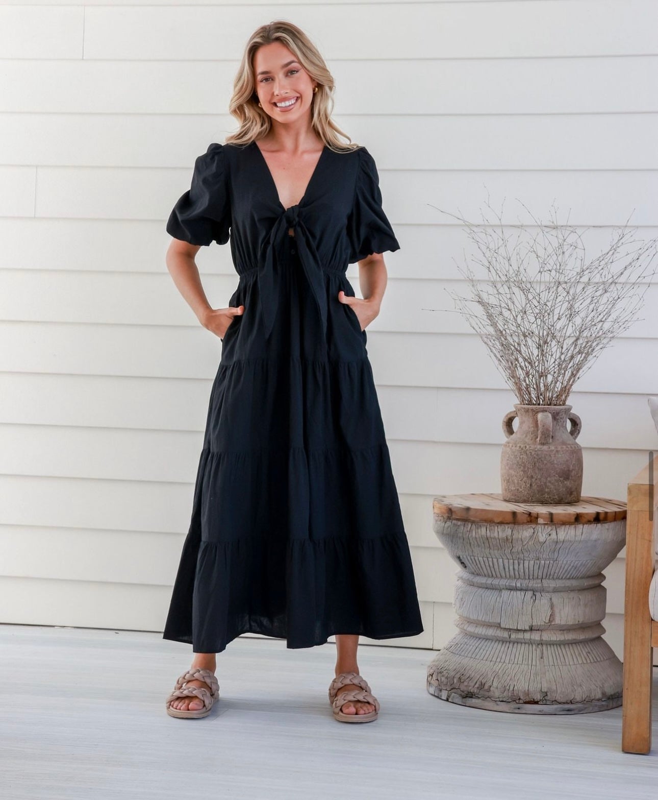 Belo Tie Front Maxi Dress - Black