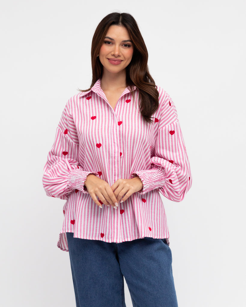 Heart Embroidered Shirt - Pink Stripe