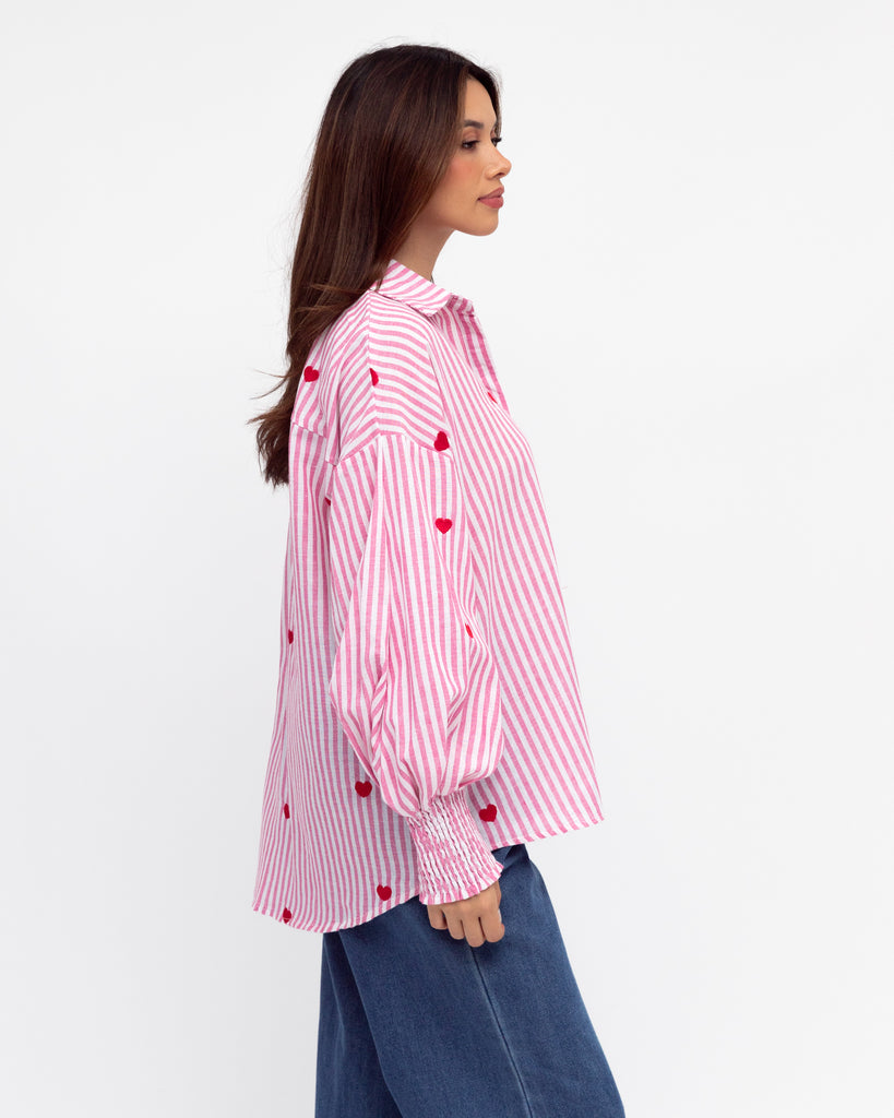 Heart Embroidered Shirt - Pink Stripe