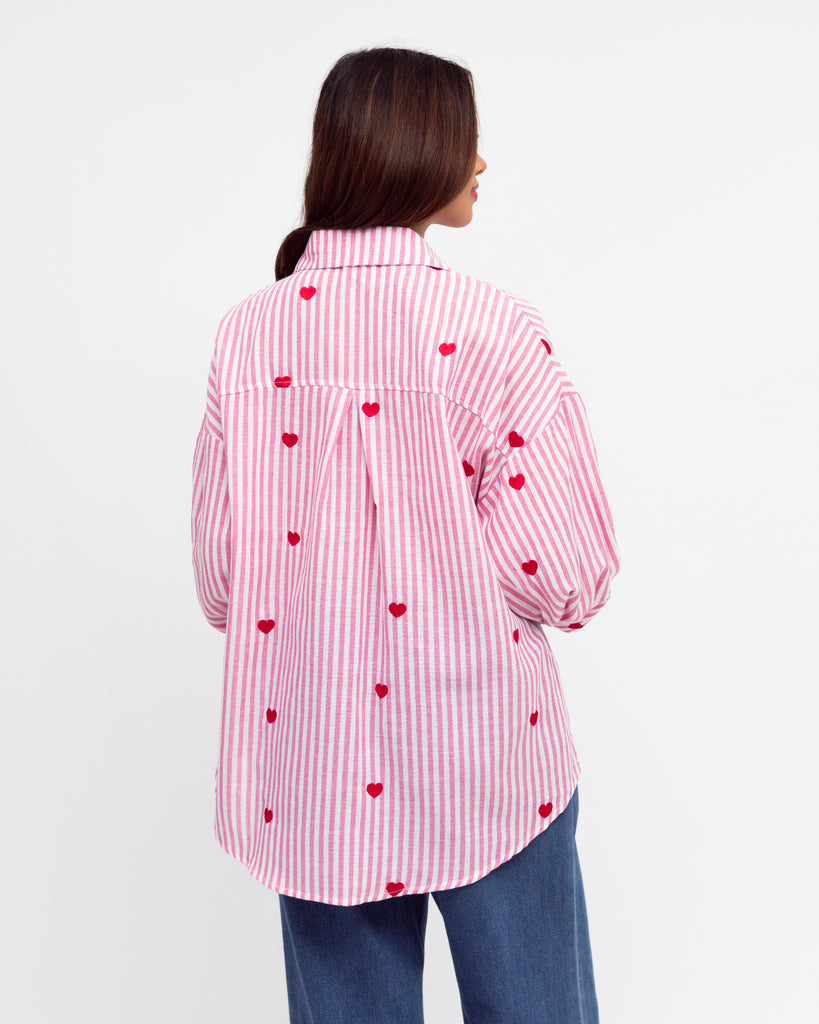 Heart Embroidered Shirt - Pink Stripe