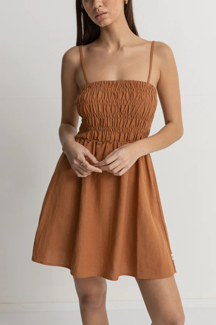 Rhythm Classic Shirred Mini Dress - Caramel
