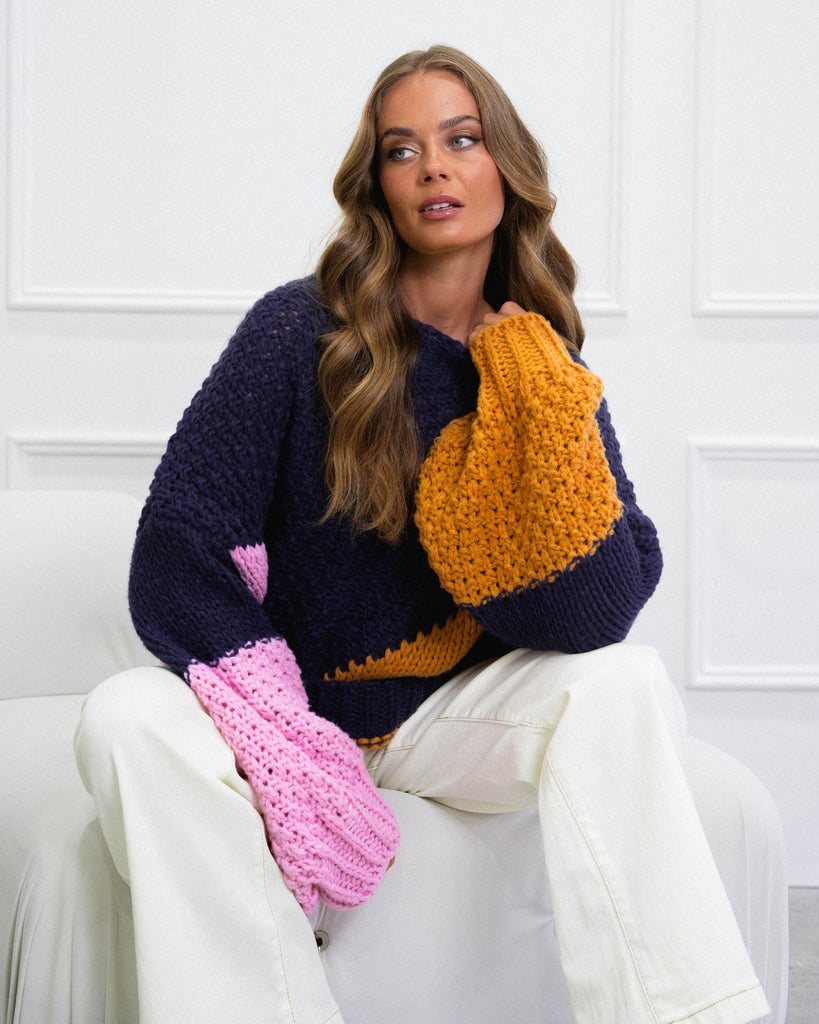 Alisa Puff Sleeve Knit - Navy Multi