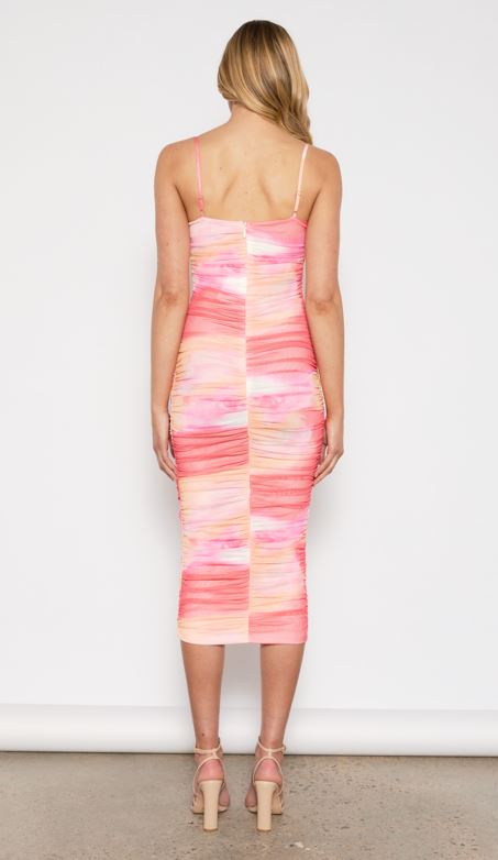 Thousa Mesh Ruche Dress - Raspberry Multi