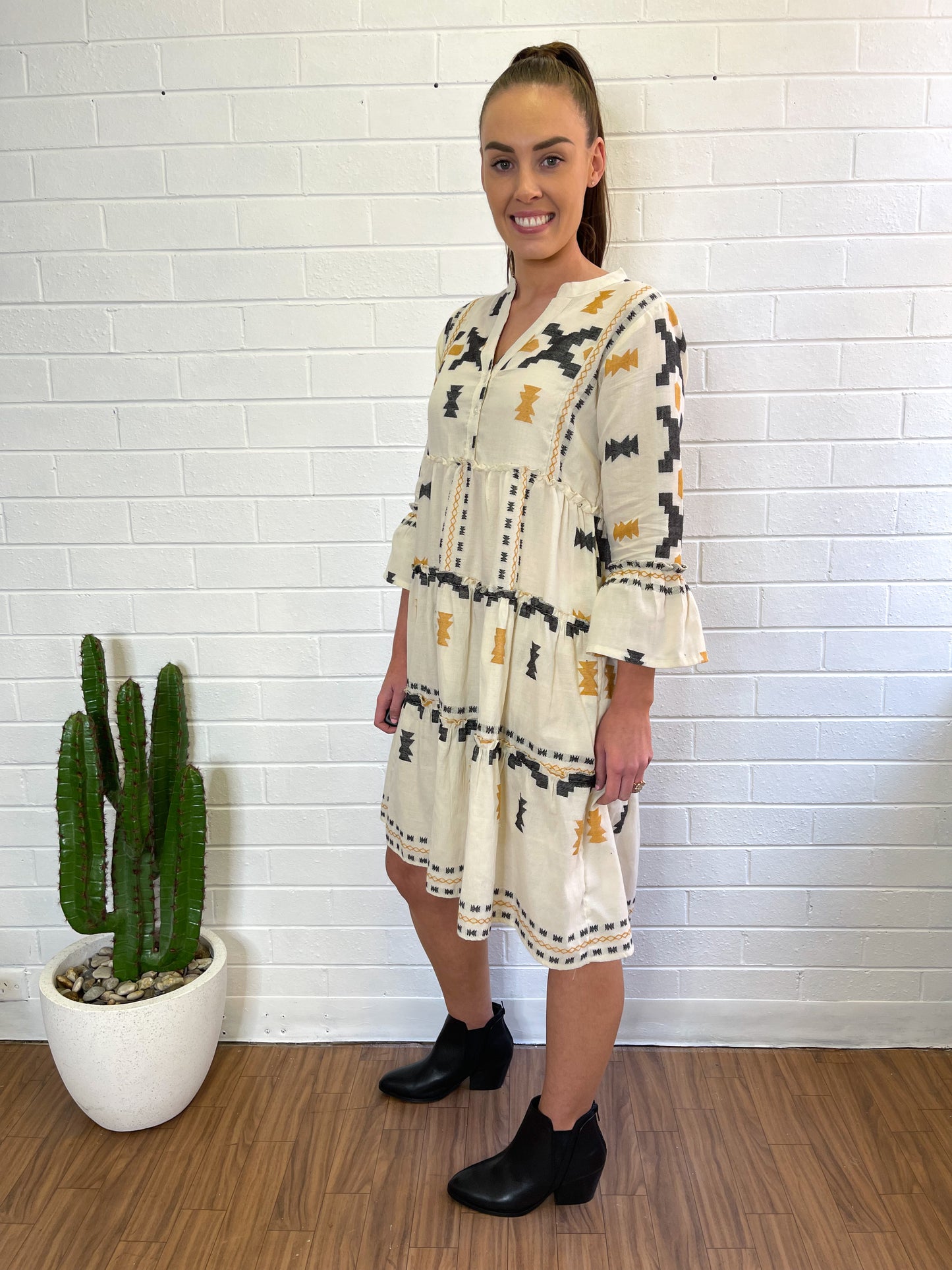 Mediterranean 3/4 Dress - Black/Beige