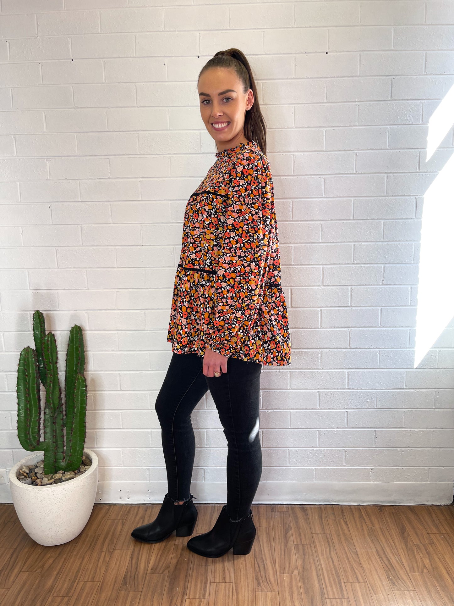 Jemma High Neck Top - Black Ditsy