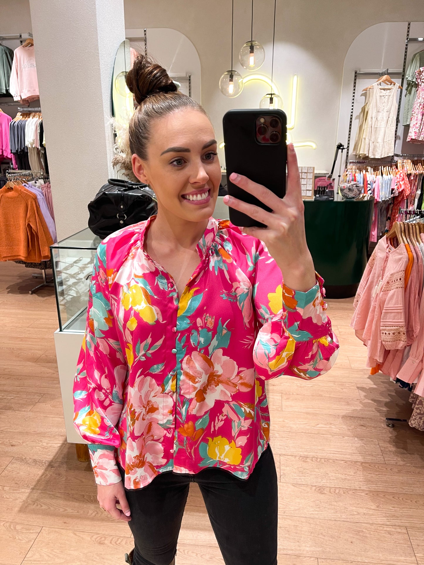 Allo Button Blouse - Pink Floral