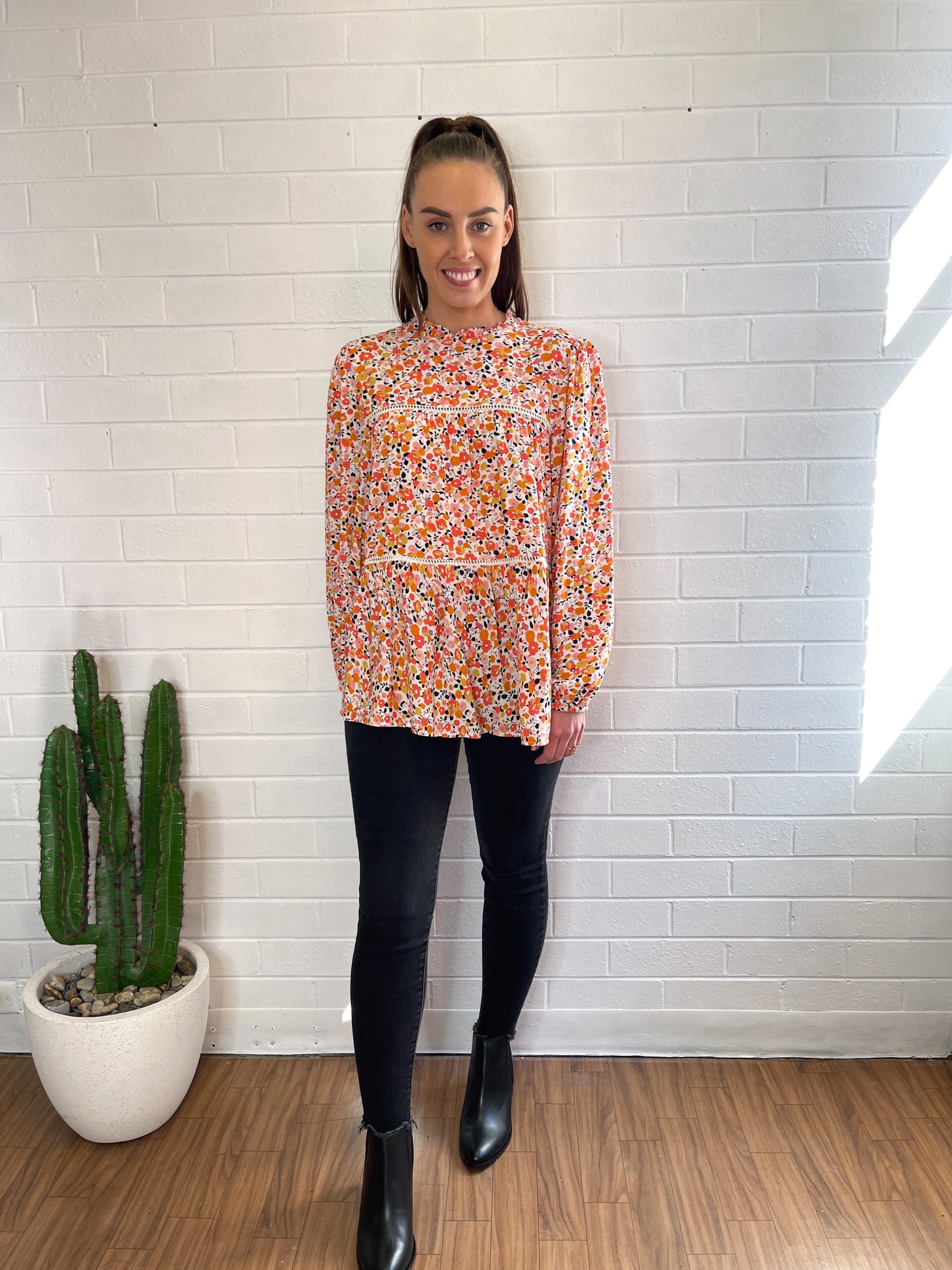 Jemma High Neck Top - White Ditsy