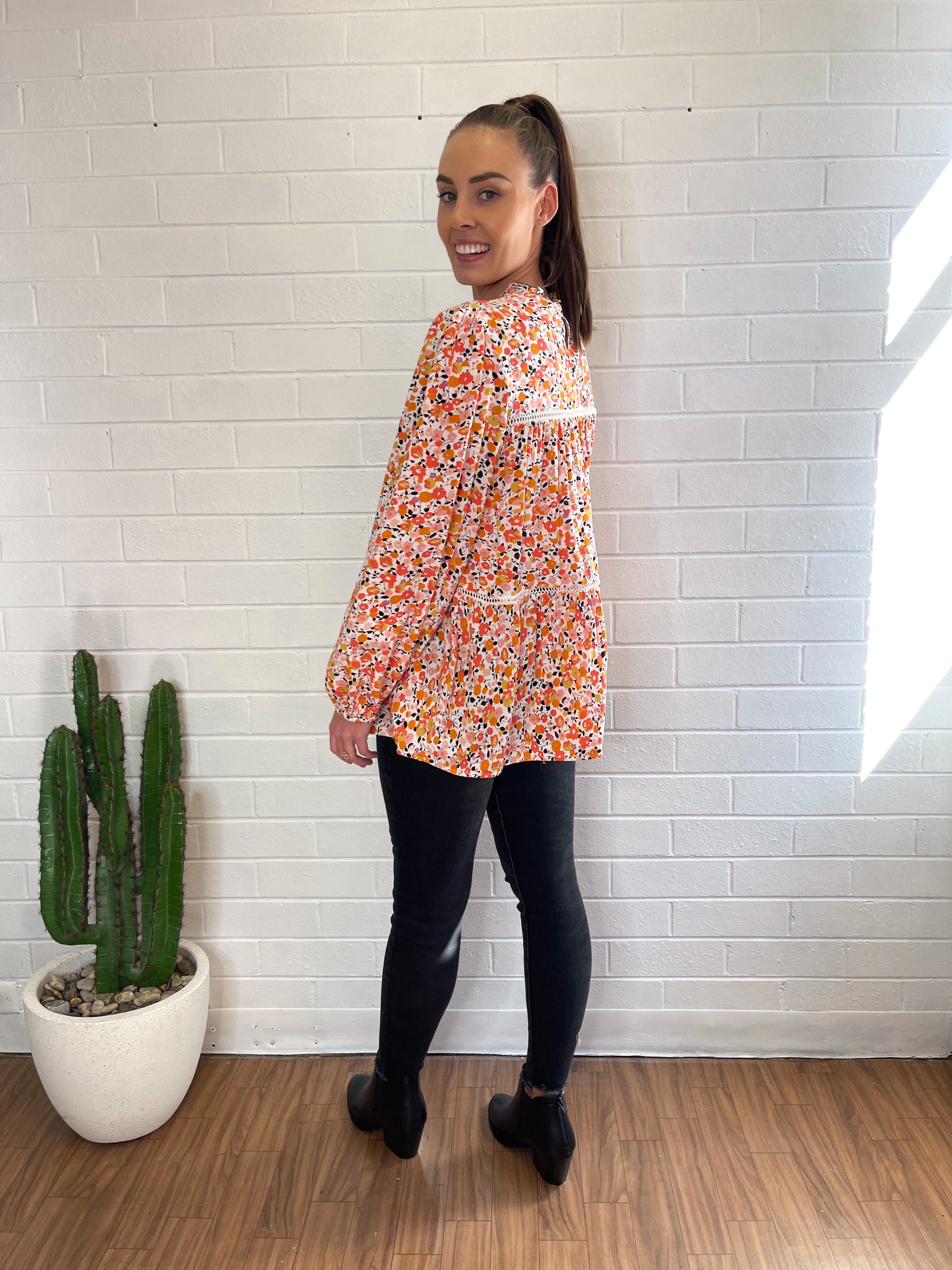 Jemma High Neck Top - White Ditsy