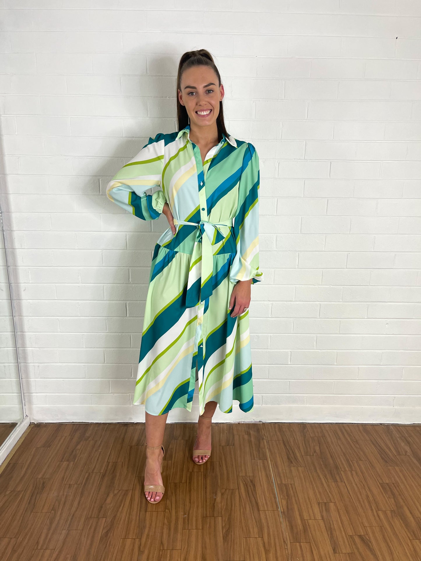 Reigle Contrast Striped Button Up Midi Dress - Green Multi