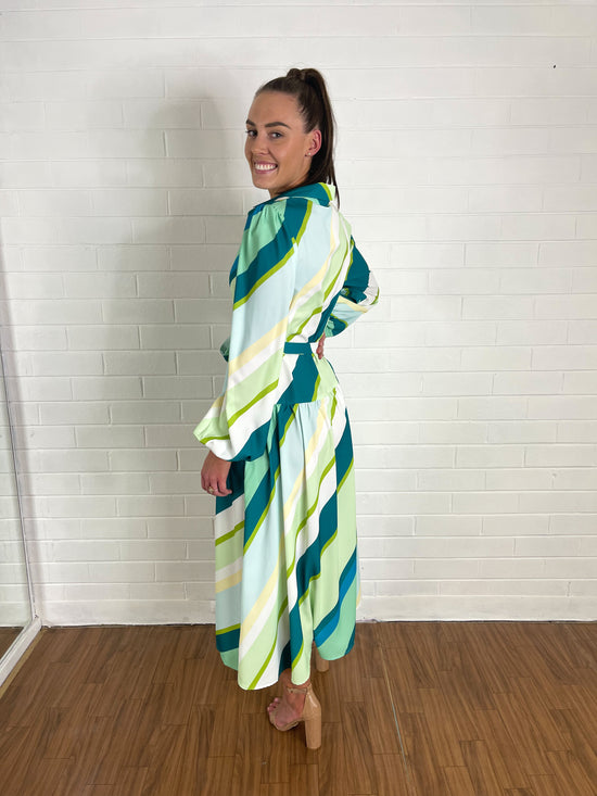 Reigle Contrast Striped Button Up Midi Dress - Green Multi