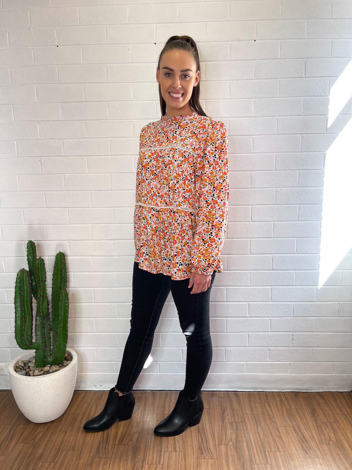 Jemma High Neck Top - White Ditsy