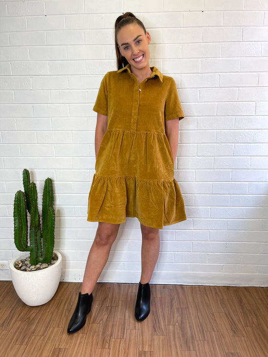 Lilah Tiered Cord Mini Dress - Mustard