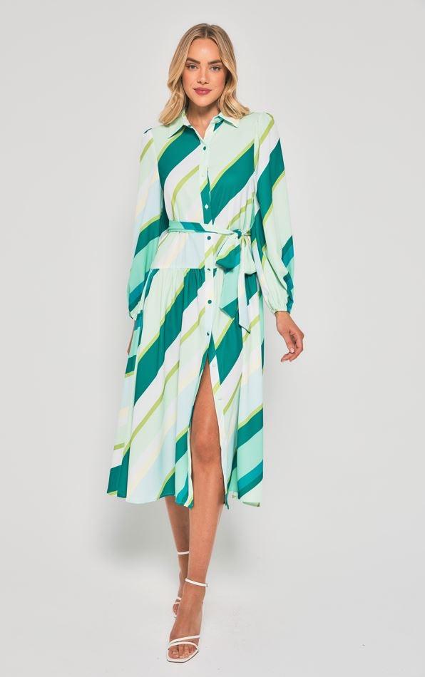 Reigle Contrast Striped Button Up Midi Dress - Green Multi