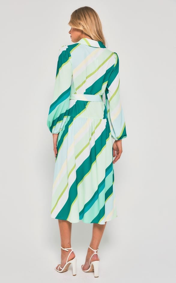 Reigle Contrast Striped Button Up Midi Dress - Green Multi