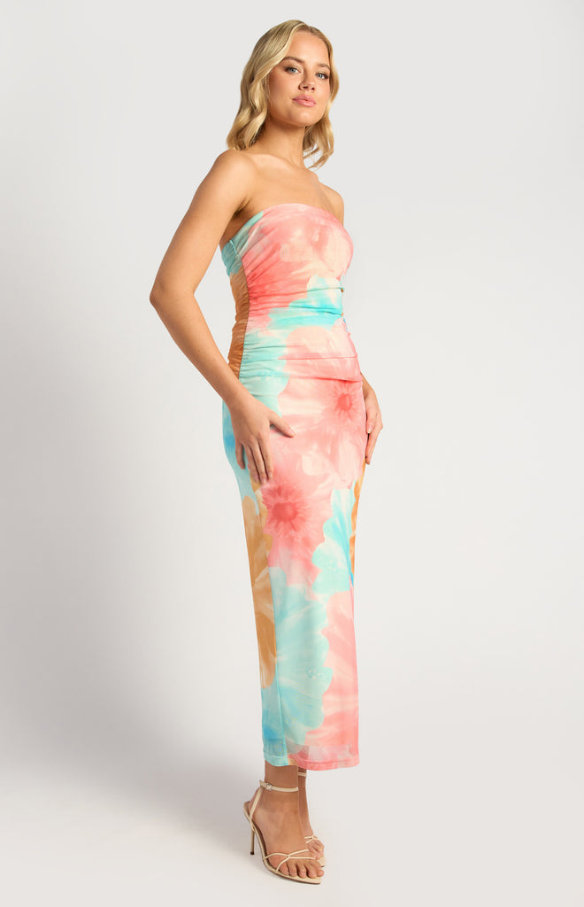 Lauvell Strapless Mesh Midi Dress - Pink/Blue