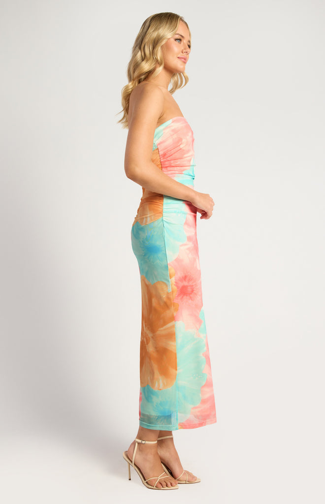Lauvell Strapless Mesh Midi Dress - Pink/Blue