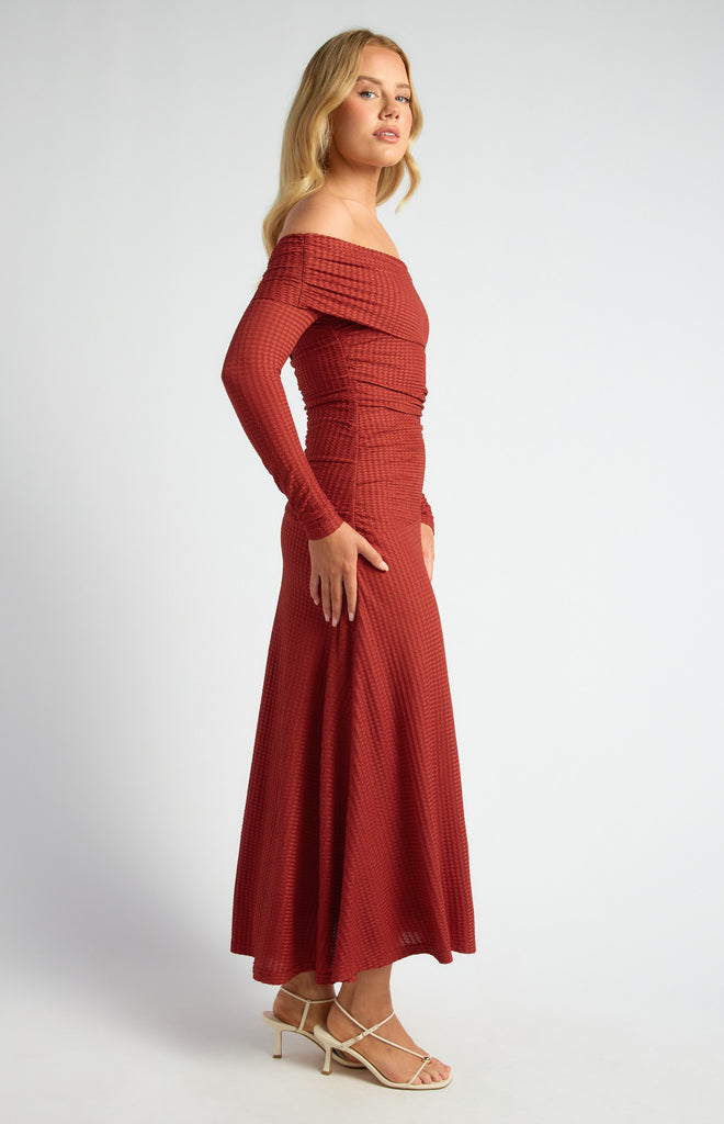 Anieto Off Shoulder Ruched Maxi Dress - Burnt Red