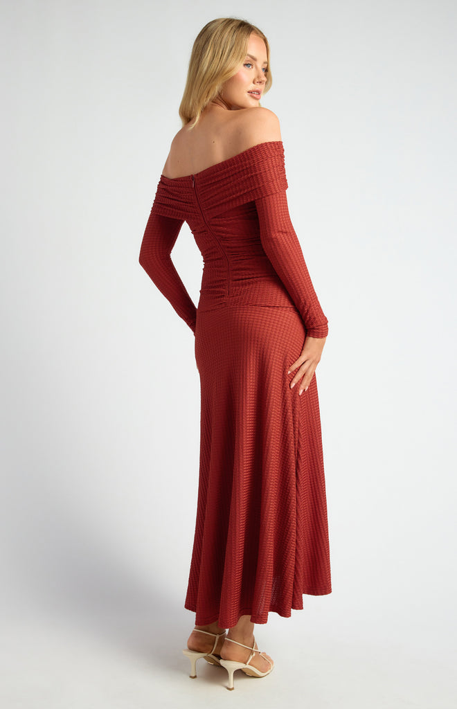 Anieto Off Shoulder Ruched Maxi Dress - Burnt Red
