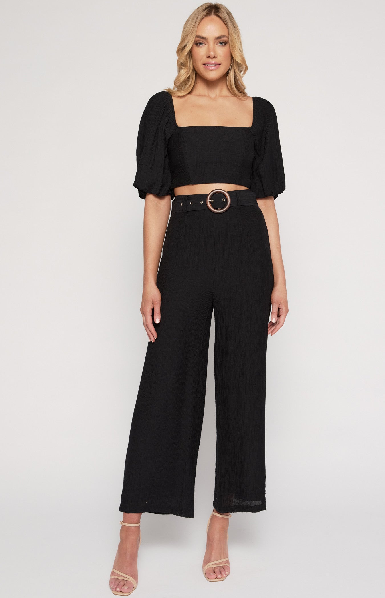 Zaire Long Line Sheer Top and Pants Set - Black