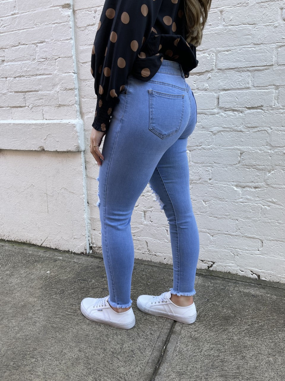 Satin Jeans - Ripped Blue Knees & Ankles