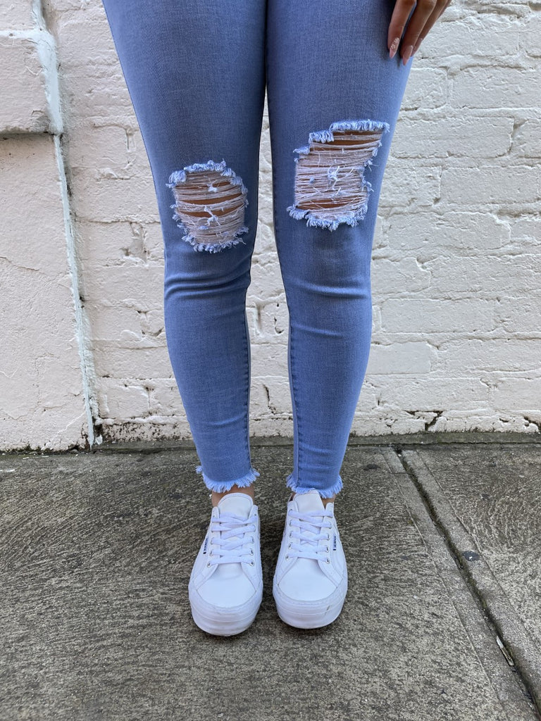 Satin Jeans - Ripped Blue Knees & Ankles