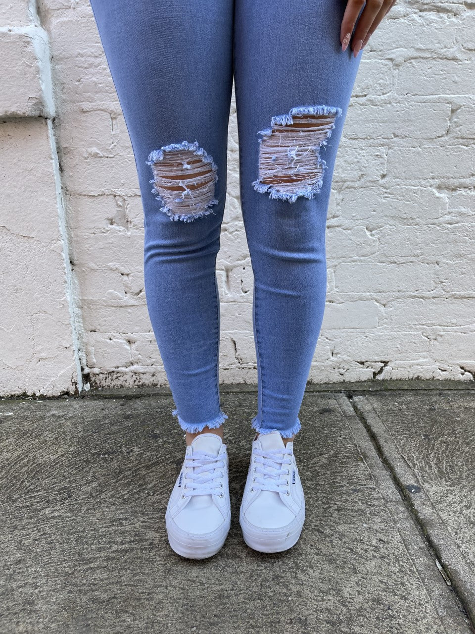 Load image into Gallery viewer, Satin Jeans - Ripped Blue Knees &amp;amp; Ankles
