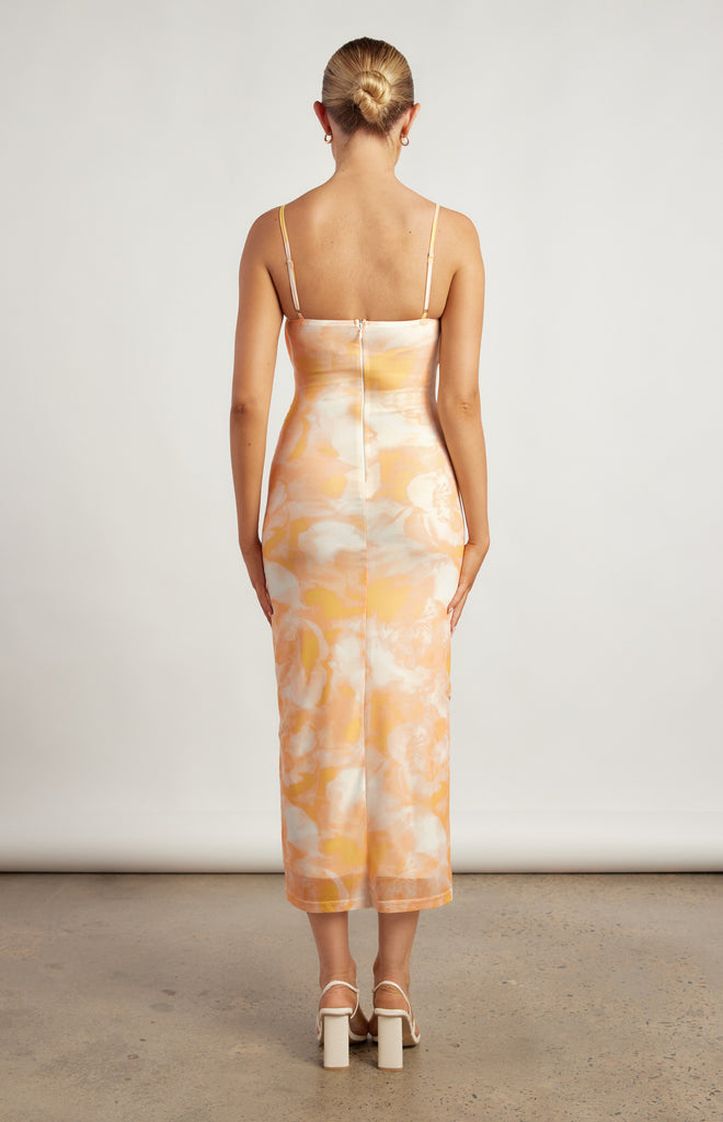 Auland Floral Mesh Midi Dress - Honey