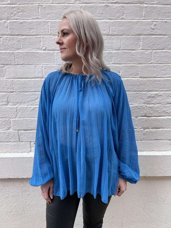 Load image into Gallery viewer, Frenzy Pleated Blouse - Blue
