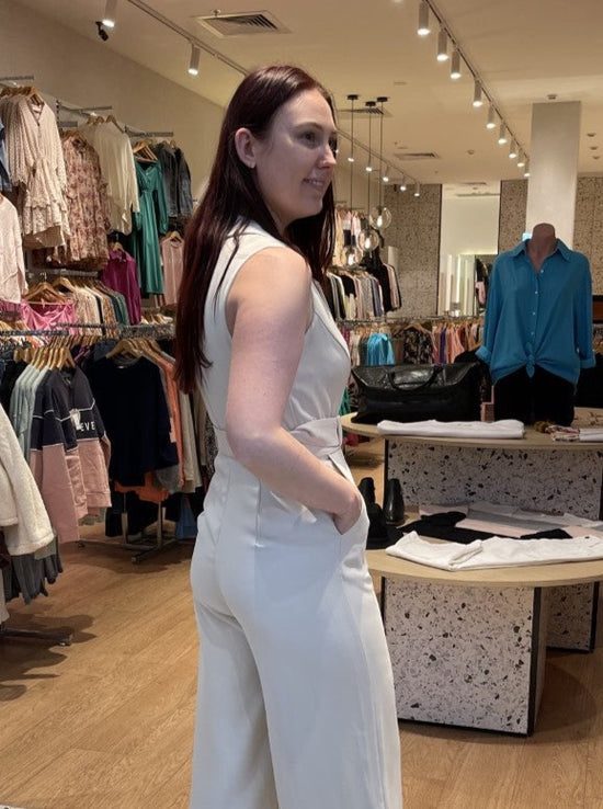 Collared Jumpsuit With Belt - Beige