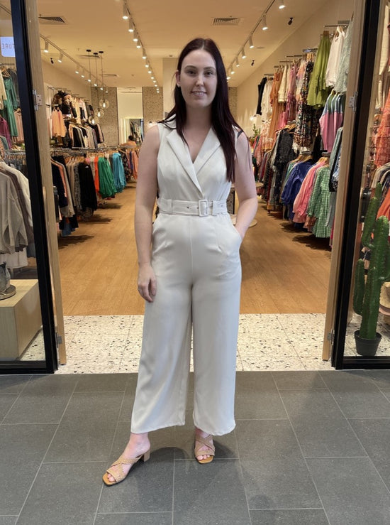 Collared Jumpsuit With Belt - Beige